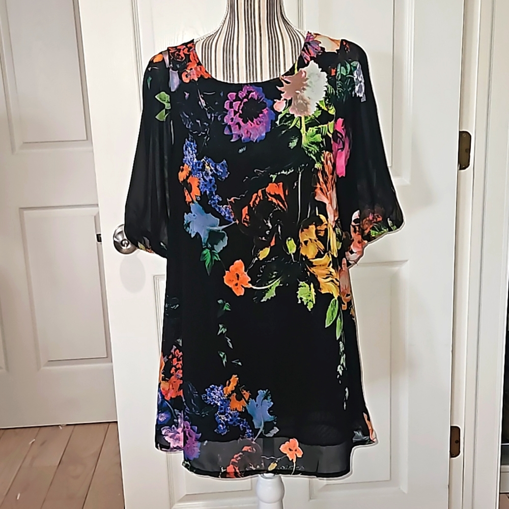 Choice Pretty Black Floral Chiffon Women Dress  with Puff Sleeve Size L